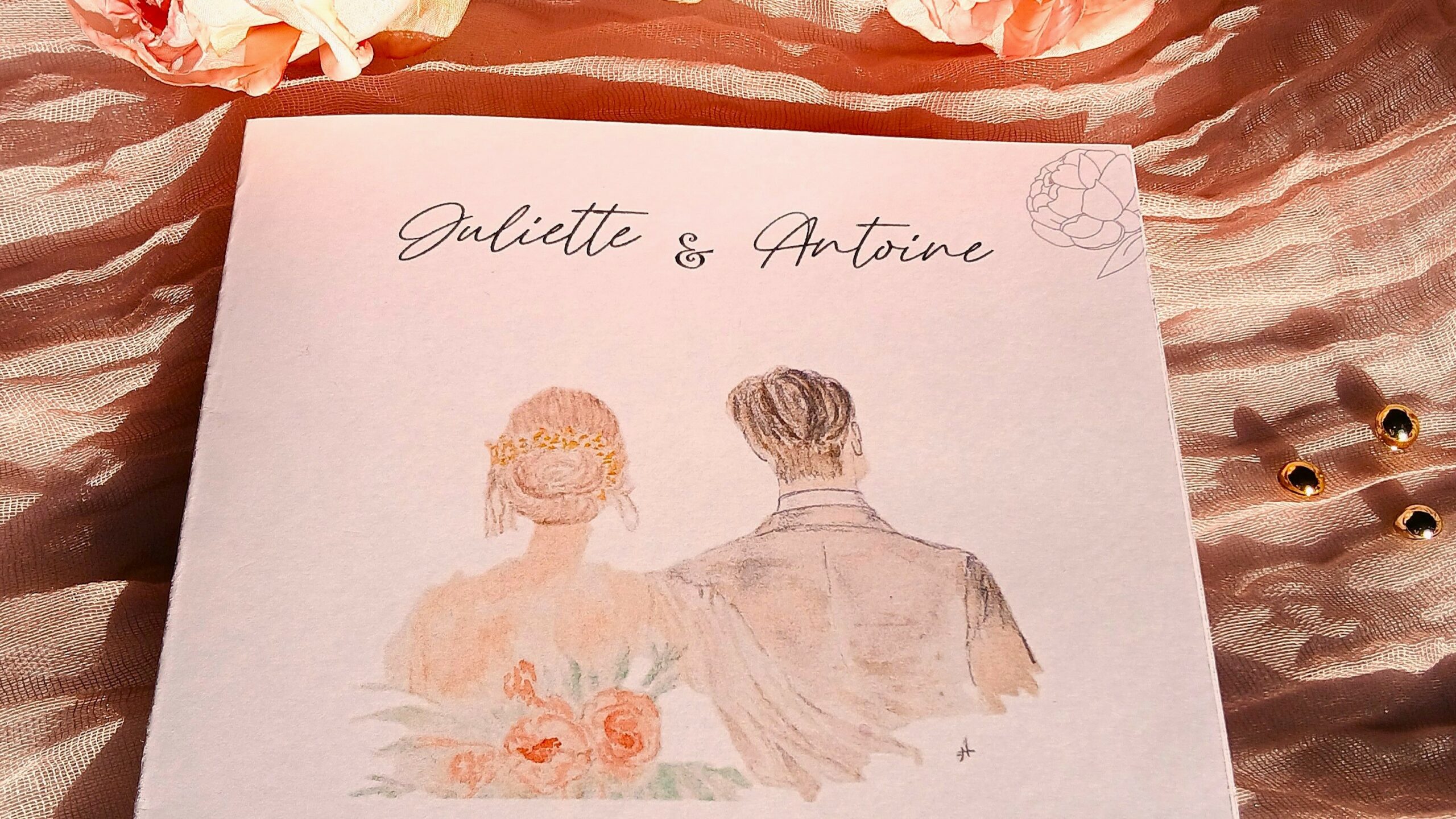 Le faire-parts de mariage au dessin et à l'aquarelles représentant les mariées de dos