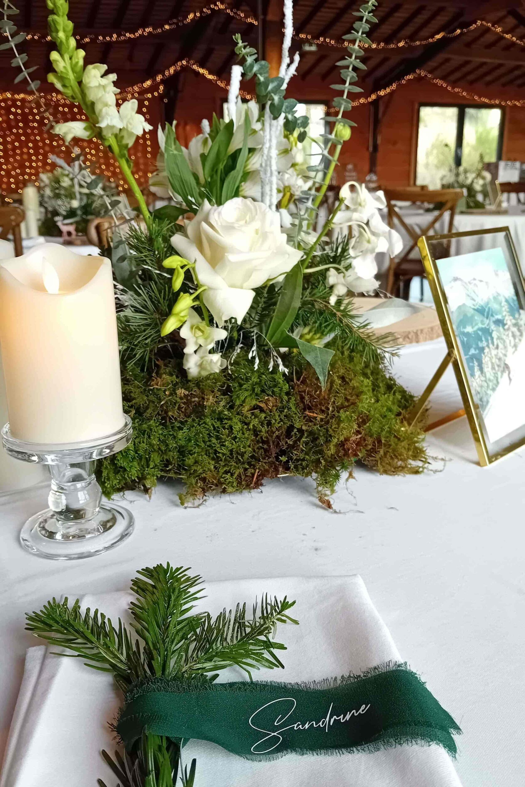 Marque-place de mariage en Ille-et-Vilaine, sur le thème des sapins enneigés